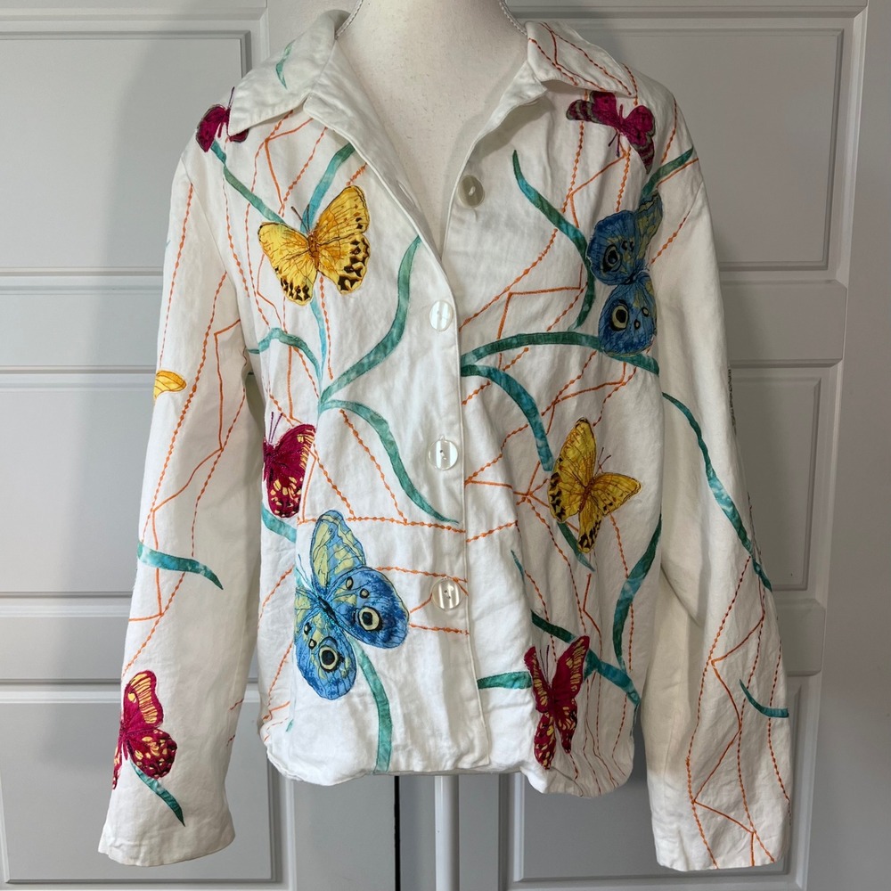 Hona To Be Butterfly Embroidered Button Down Cotton Jacket - Women's Large